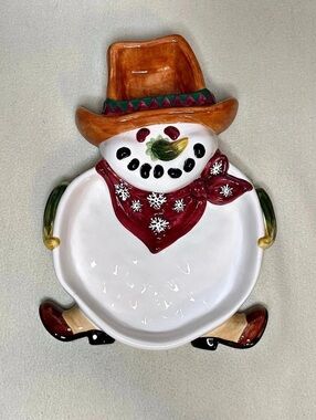 Figi Snowdude Chips N Dip Ceramic Serving Plate Holiday Cowboy Snowman